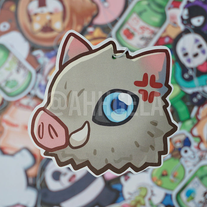 Custom air freshener designed with an anime character, printed on paper, with a pine scent.